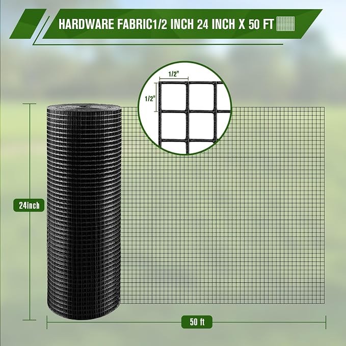 Black Hardware Cloth, 1/2 inch 24 inch x 50ft 19 Gauge Black Vinyl Coated Hardware Cloth, Black Chicken Wire, Black Chicken Wire Fencing for Garden Fence and Home Project by KAKO