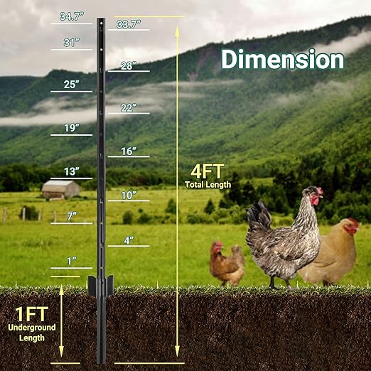 Fence Posts 4 FT Black, 16 Pack Heavy Duty U Posts, No Dig T Posts for Fences Wire Mesh, Perfect for Temporary Fencing, Electric Fence Wire, Corner Anchor