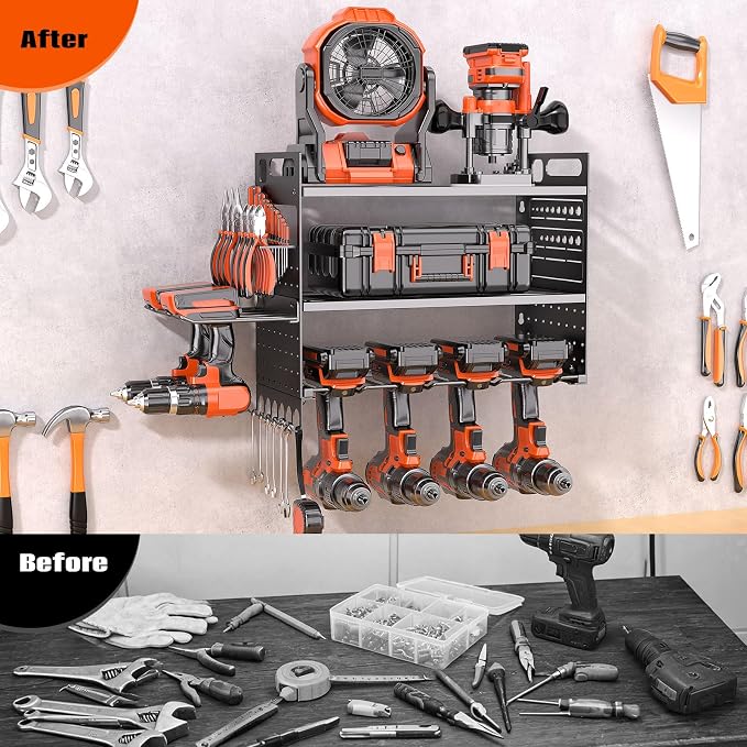 16.5“W Power Tool Organizer Wall Mount,Small Cordless Tool Organizer with 6 Drill Holder, 150 Lbs Capacity 3-Layer Garage Organization for Garage and Workshop (Black)