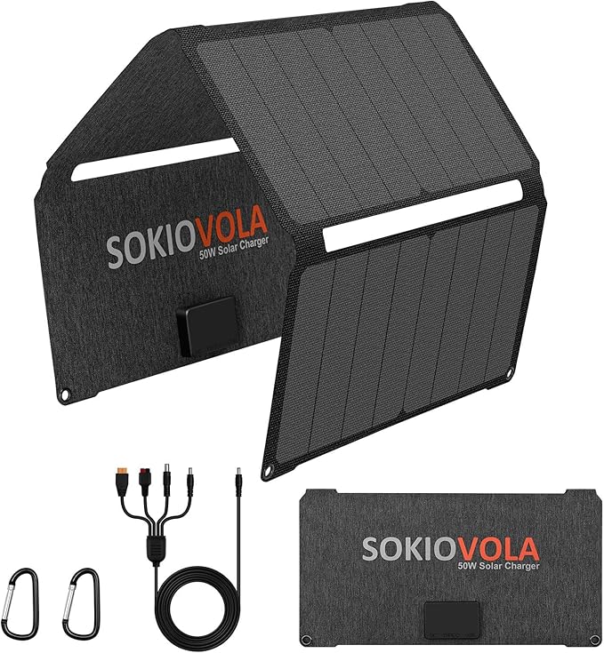 SOKIOVOLA [Upgraded] Foldable Solar Panels 50W Portable Solar Panel Charger 3 Output Ports (USB-A USB-C DC) Folding Solar Panel for Camping Hiking RV Outdoor Activities
