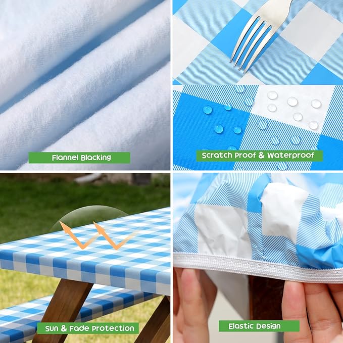 Picnic Table Cover with Bench Covers, Fitted 6ft Waterproof Tablecloth Set for Outdoor Camping & RV - Includes 1 Table Cover & 2 Bench Covers with Drawstring Storage Bag, 30"x72", White Blue Grid