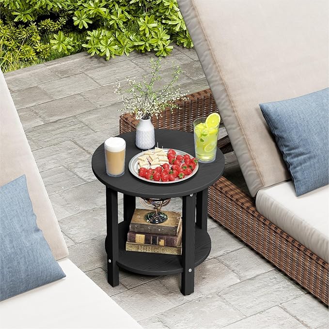 HDPE Outdoor Side Table for Patio, 18.1-Inch Weatherproof Small Outdoor Table for Adirondack, 2-Tier Round End Table for Garden Backyard Porch Deck Balcony Poolside (Black)