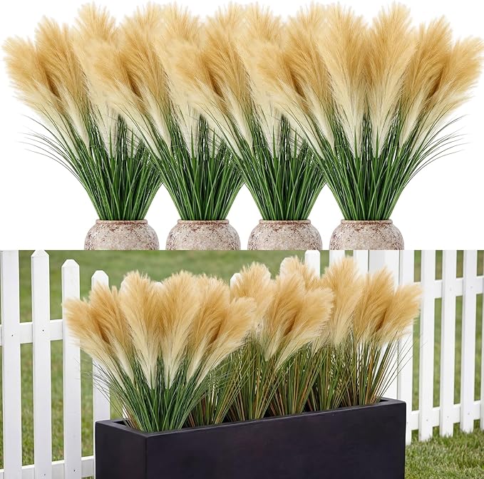 Jexine 15 Pcs Artificial Pampas Grass 31.5" Tall Faux Pampas Stems with 3 Plumes Each and Green Leaves for Boho Floor Vase, Wedding, Living Room Home Decor