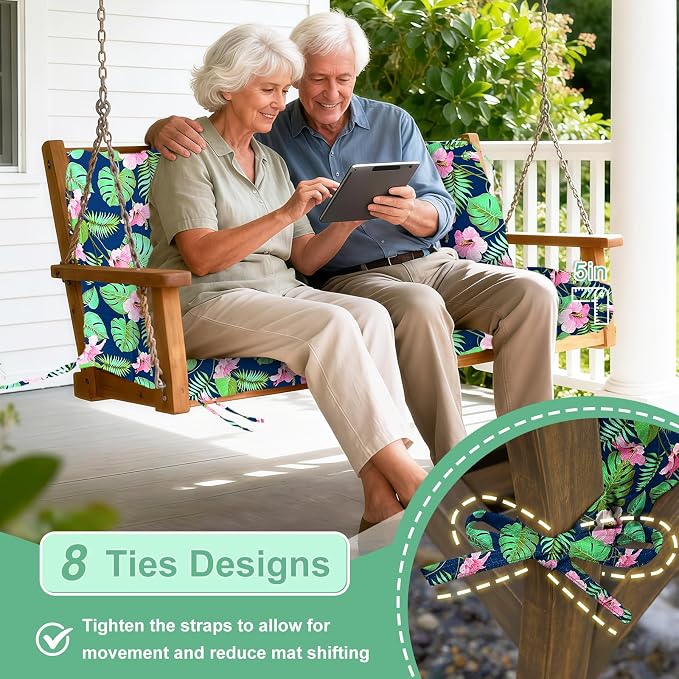 Porch Swing Cushions Outdoor 70 inch x 40 Waterproof Swing Cushions 3 Seater Replacement with Backrest & 8 Ties 5" Thick Bench Swing Cushions for Outdoor Furniture Patio(Green Leaves)