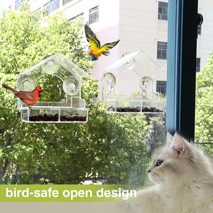 2PCS Window Bird Feeder with 4 Extra Strong Suction Cups, Clear Birdfeeders Bird House for Outdoors Window Viewing Outside, Removable Tray Birdhouse