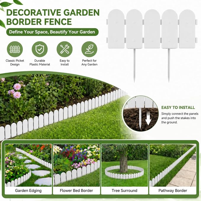 Evelyne Garden Border Edging: Wooden Fence Design - 16pcs White Yard Landscaping Fence Liner Lawn Edge Barrier - 20ft Kit of Decorative Lawn Landscape Panels Elements-Landscaping Edging-GMT-10374-D16