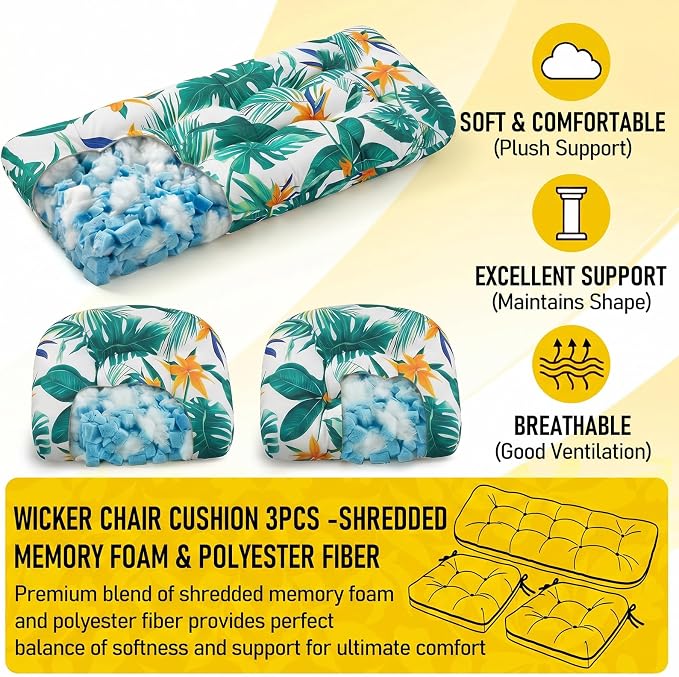 1 MIDDLE ONE Wicker Chair Cushions 3 Pieces Set for Outdoor Furniture, Replacement Patio Wicker Furniture Cushions, 1Pc Loveseat Cushion & 2Pcs Chair Cushions (Tropical Monstera)