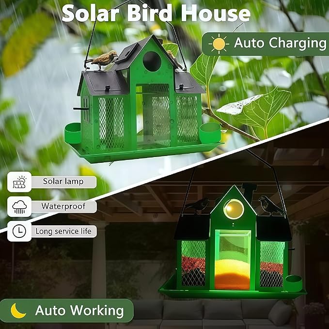 Solar Bird Feeders House for Outside Hanging, Metal Wild Bird Feeder for Outdoors Large Capacity Cardinal Birdfeeder Birdhouses Metal Bird Feeding Station Green