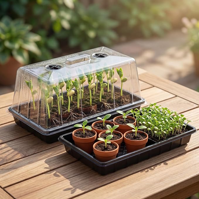 Vesici 10 Pack 1020 Plant Trays with Tall 7.87'' Humidity Domes Bulk Large Seed Tray with Handles 1020 Seed Starting Tray with Lid No Hole for Balcony Garden Seedling Planting Growing Seedling Starter