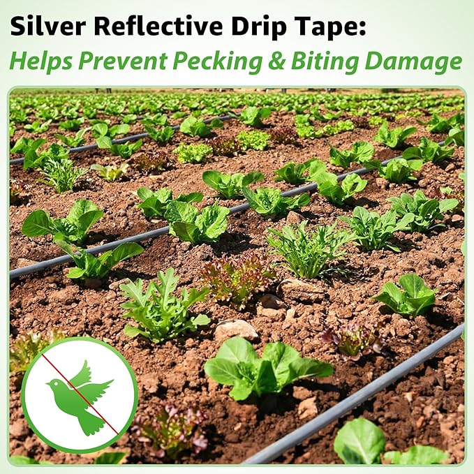 2000FT 5/8" Drip Tape Irrigation, 16 Mil Heavy Duty with 6" Emitter Spacing, Silver Reflective Drip Tape Resistant to Pecking & Biting, Heat-Safe for Seedlings, Ideal for Garden Farm Greenhouse Patio