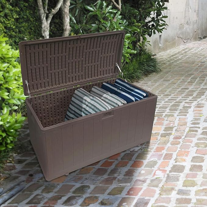 Plastic Development Group Outdoor Storage Deck Box, Soft Closure, 130 Gallon, Driftwood