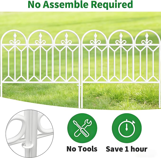 AMAGABELI 5 Panels 24in(H)×10ft(L) Decorative Garden Fences and Borders for Dogs No Dig Rustproof Metal Fence Panels Garden Edging Border Animal Barrier Fencing for Flower Beds Yard Patio Decor White