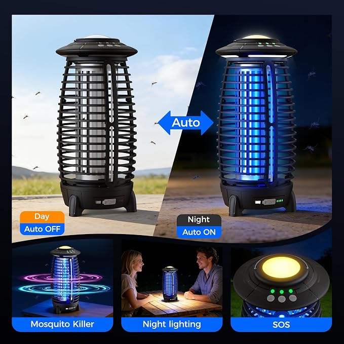 Bug Zapper Outdoor, 4-in-1 Cordless Mosquito Zapper, Rechargeable 4000mAh Waterproof Electric Mosquito Trap with Auto/SOS Mode, Portable Night Light for Camping, Patio, Backyard & Home
