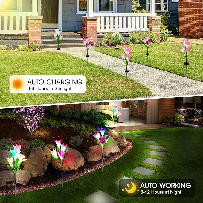 4 Pack Solar Garden Lights Outdoor, 7 Color Changing LED Powered Waterproof Lily Flowers Landscape Lights for Outside Yard, Patio, Pathway Decorative, Décor, Gifts