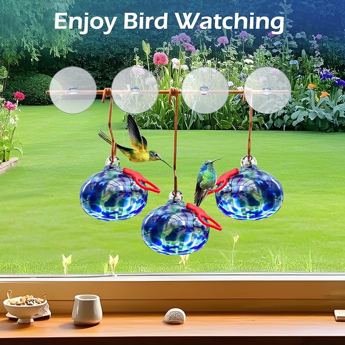 Pozfun Window Hummingbird Feeder with Suction Cups,Hand-Blown Glass Hummingbird Feeders for Outdoors Window Mounted with Metal Hook,Close Bird Watching,Finch in Garden,Yard(Dotted Blue)