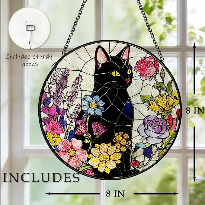 Cat Stained Glass Suncatcher Window, Hanging Sun Catchers Indoor Window, Suncatcher for Mom/Women (Black Cat & Flower)