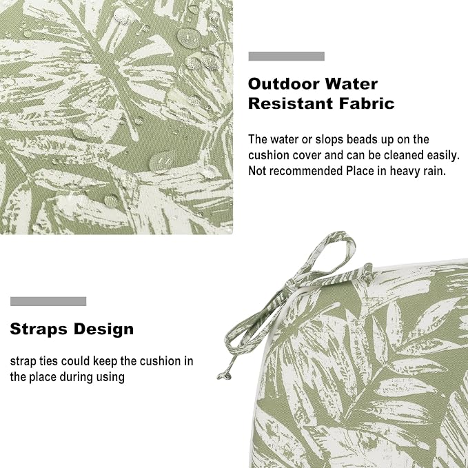 DYTXIII Set of 2 Outdoor Chair Cushions with Ties, Water Repellent Patio Chair Pads 17"x 16" for Outdoor Furniture, Round Corner Seat Cushions for Garden Yard Kitchen Tropical Leaf Green