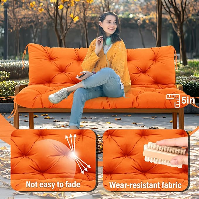 Extra Thick 5" Waterproof Porch Swing Cushions Outdoor 48 inch Swing Cushions 2-3 Seater Replacement with Backrest and Ties for Outdoor Furniture Patio Bench Garden (Orange)