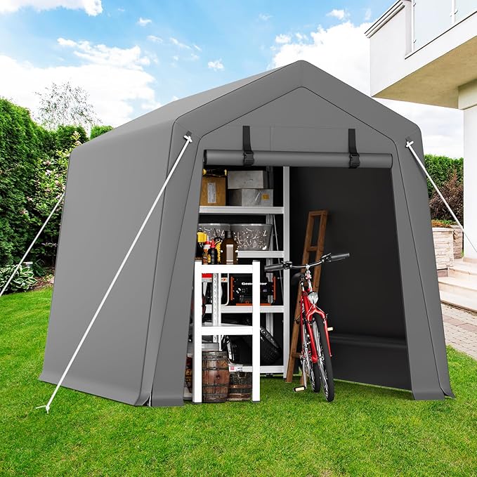 Portable Carport Storage Shed, 6' x 6' Motorcycle Tent, Waterproof & UV-Resistant with Roll-Up Zipper Doors, Gray Outdoor Shelter for Bikes, Tools & Equipment
