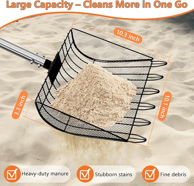 Chicken Poop Scooper & Rake, Stainless Steel Coop Scoop for Sand, Litter Sifting Shovel for Chickens, Adjustable Length 27" to 64"