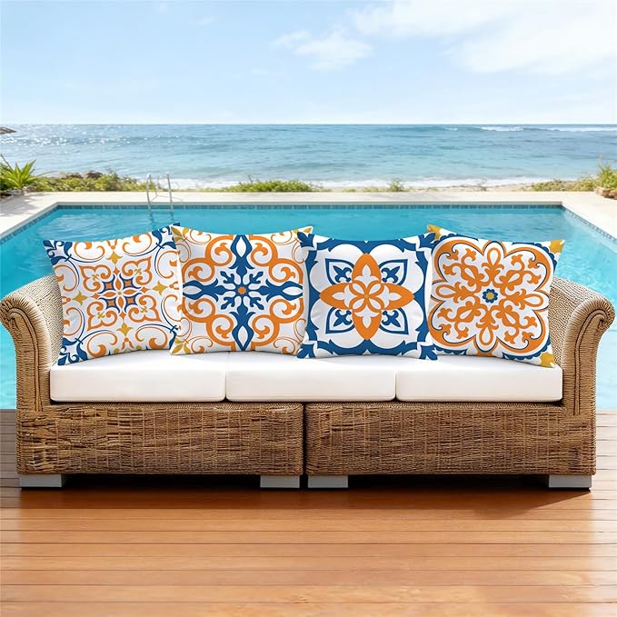 NIGHTWISH Outdoor Waterproof Pillow Covers 18x18 Set of 4 Yellow Boho Decorative Throw Pillows Floral Cushion Cases for Patio Furniture Bench Couch Sunbrella