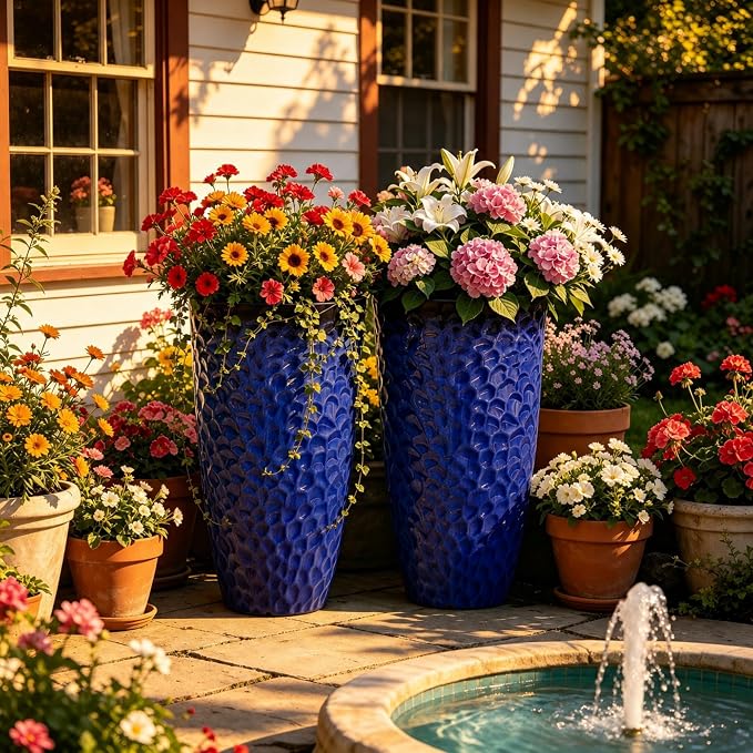 23.75" H Large Tall Outdoor Planters, Set of 2 Plastic Large Flower Pots for Outdoor Plants, Gradient Cobalt Blue Honeycomb Textured, Weather-Resistant for Porch, Garden, Patio or Indoor Use
