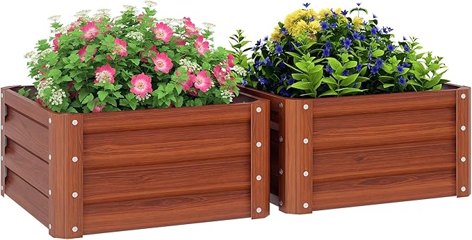 Outsunny 2 Piece Galvanized Raised Garden Bed, 2' x 2' x 1' Metal Planter Box for Growing Vegetables, Flowers, Herbs, Succulents, Brown