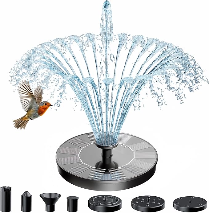 AMZtime Solar Fountain for Bird Bath, 2026 Upgrade Solar Water Fountain with 6 Nozzles & 4 Fixed Rods, Solar Bird Bath Fountains for Garden, Outdoor, Pool, Pond, Fish Tank and Patio