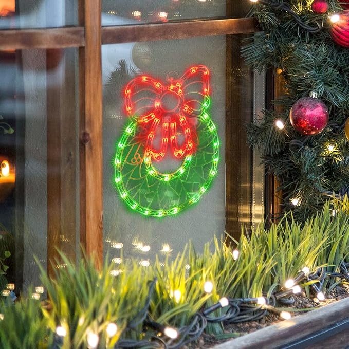 Christmas Window Silhouette Lights, Lighted Wreath Double Sided Decorations with 50 Count Incandescent Mini Light, for Holiday Indoor Wall Door Glass Decor