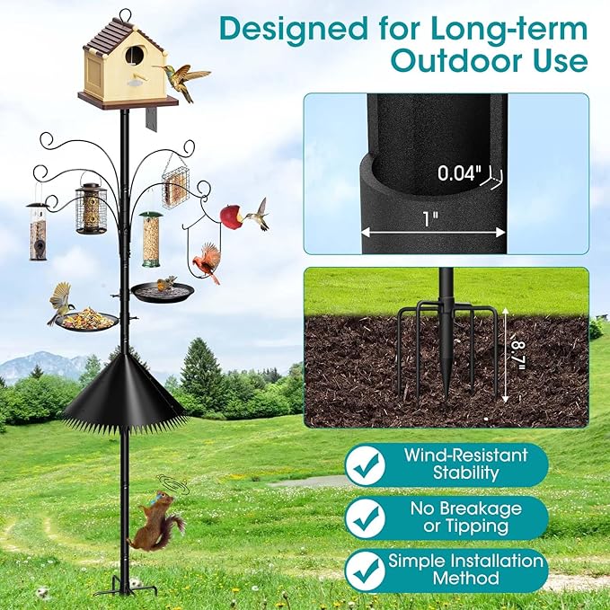 108 Inch Bird Feeder Pole Squirrel Proof, Heavy Duty Bird House Pole, Adjustable Bird Feeder Stand with 5 Shepherds Hooks, 2 Mental Trays, Hummingbird Swing