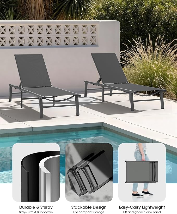 Ciokea Foldable Outdoor Lounge Chair Set of 4, No Assembly Aluminum Chaise Lounge Outdoor with 5-Positions, Aluminum Pool Lounge Chairs with Portable Design for Poolside, Beach, Deck, Patio, Grey