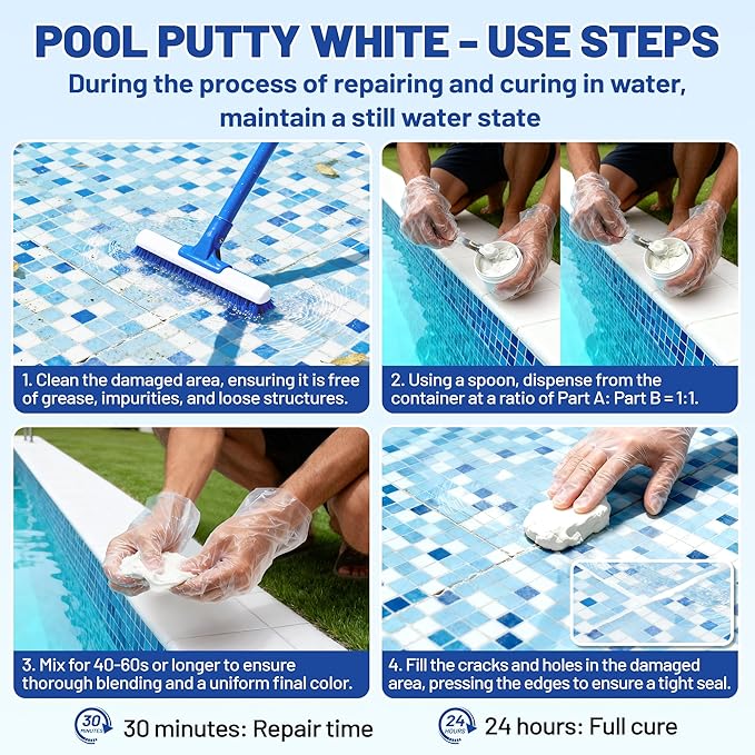 Pool Putty, 17.6oz/500g 2 Part Epoxy Pool Putty for Underwater or Above-Water Crack Leak Filling and Repair, Sealing and Repair of Holes and Damage in Fiberglass, Concrete and Tile Surfaces (White)