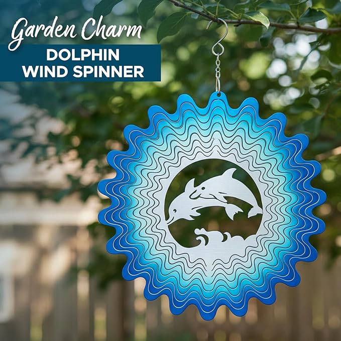 ISEO Dolphin Wind Spinner for Yard and Garden, Hanging Outdoor Decor, Yard Art, Porch and Patio Decorations, Metal Wind Spinners Outdoor, Weather Resistant, 12”