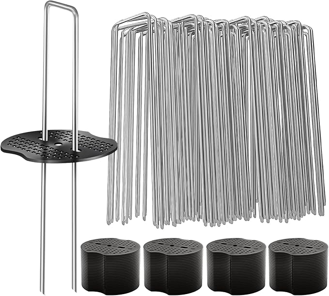 300 Pcs Garden Stakes Landscape Staples Set, 6 Inch 11 Gauge Heavy Duty Galvanized 150 U-Shaped Pins with 150 Gaskets for Weed Barrier Fabric, Grass Sod, Artificial Turf & Yard Landscaping