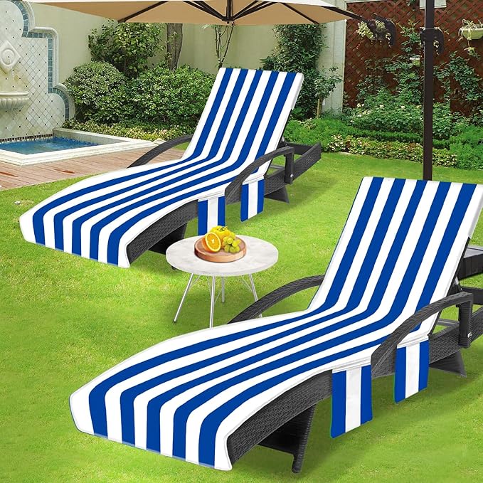 Lounge Chair Towel Cover, Beach Chair Covers (Pack of 2), Chaise Lounge Cover with 3 Pockets for Pool Beach Garden Courtyard Outdoor Trips, 85 x30 in, Striped Dark Blue