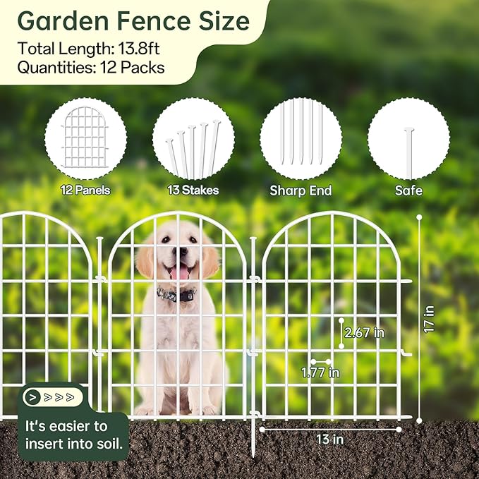 13.8ft(L) x 17in(H) Panels Garden Fence, 12 Panels Arched No Dig Fence, Decorative Animal Barrier Fencing with Ground Stake, Rustproof Metal Garden Edging Border for Dog, Outdoor Patio Decor, White