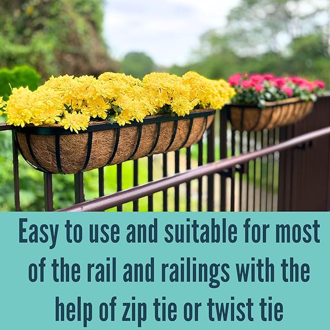 LaLaGreen Railing Planters Box (2 Pack, 30") Black Metal Large Rectangular Window Flower Box with Coco Liner, Wall Hanging Planter for Outdoor Plants Deck Rail Horse Troughs Fence Balcony Porch Garden