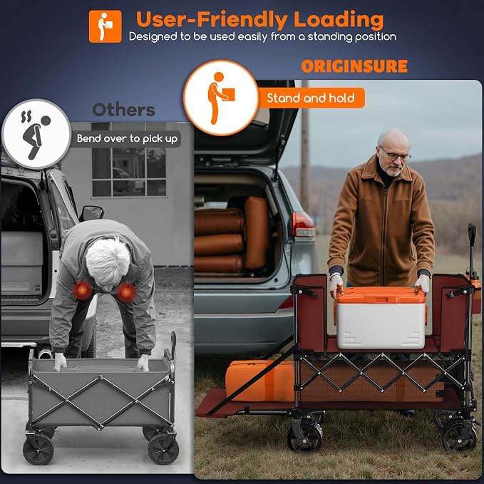 Originsure 400L Double Decker Wagon Collapsible with 54" L Tailgate, 560lbs Heavy Duty Carts Foldable, Extra Large Folding Beach Wagon with Big All-Terrain Wheels for Camping, Sports, Groceries, Red