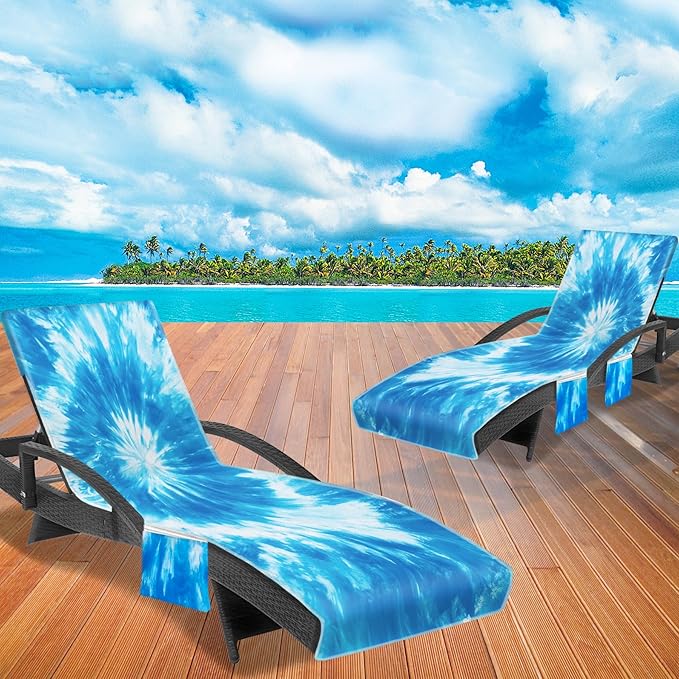 Lounge Chair Towel Cover (Pack of 2), Tie Dye Style Chaise Lounge Cover, Beach Chair Covers with Pockets for Pool Beach Garden Courtyard Outdoor Trips, 85 x30 in, Lake Blue