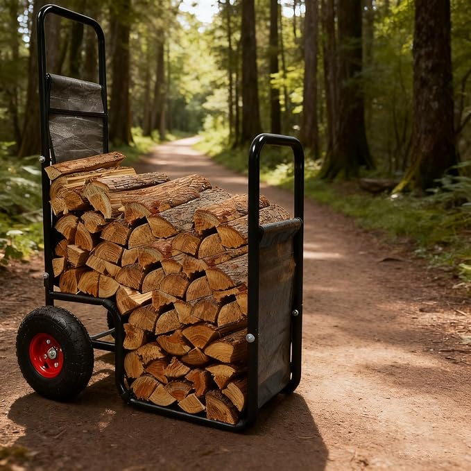 Doublehorse Firewood Cart with Pneumatic Wheel: 27 x 20 x 44 in Large Heavy Duty Metal Waterproof Portable Storage Rack - for Outdoor Camping Backyard Fireplace Indoor Use for Women Men