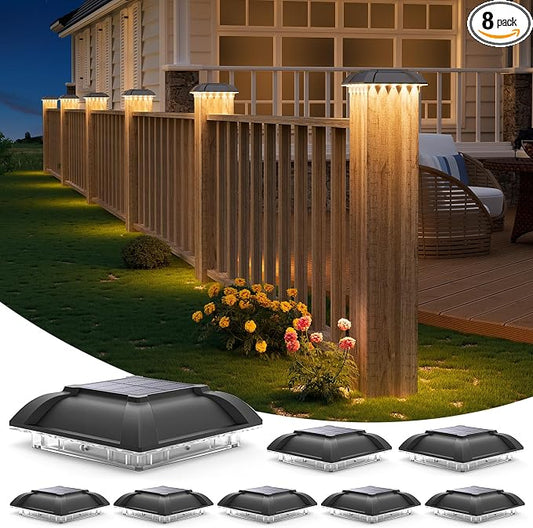 Solar Post Cap Lights Outdoor 8pack - Downward Lighting Waterproof Deck Fence Post Solar Lights for 4x4 Wooden/Vinyl Posts, Warm White Glow, Ideal for Deck Edges/Stair Railings/Porch/Backyard Fence