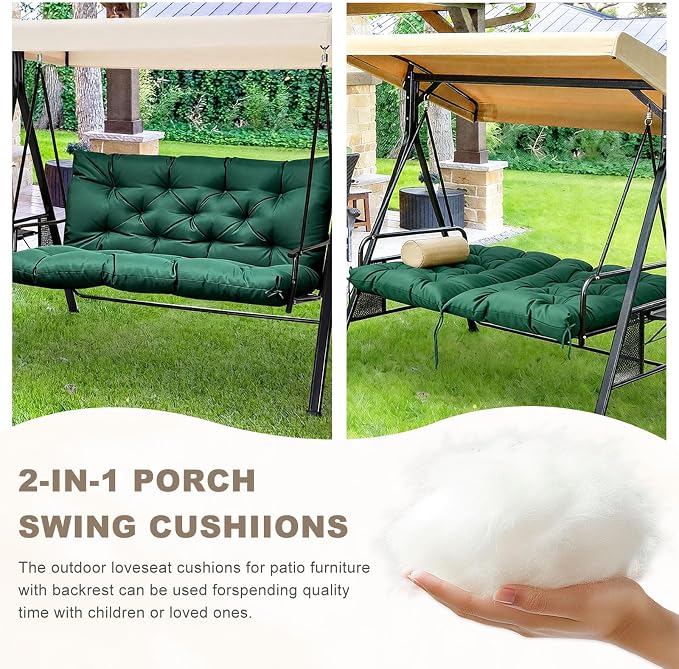 Porch Swing Cushion with Backrest,Waterproof Bench Cushion for Outdoor Furniture,2-3 Seater Replacement Thickened Swing Cushion with Ties,Patio,Outdoor,Backyard and Garden (Dark Green,60x40)