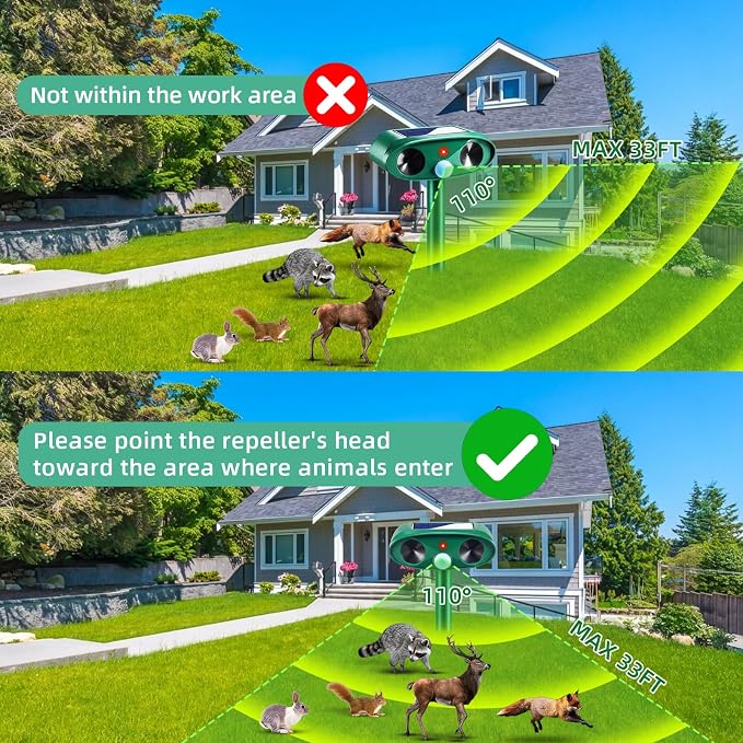 4 Pack Sonic Fortress Pro Deer Repellent Devices- Solar Ultrasonic Animal Repeller Outdoor Weatherproof with Motion Sensor & USB Charging,Deter Cats,Squirrels,Racoons,Rabbits,Skunks for Yard Garden
