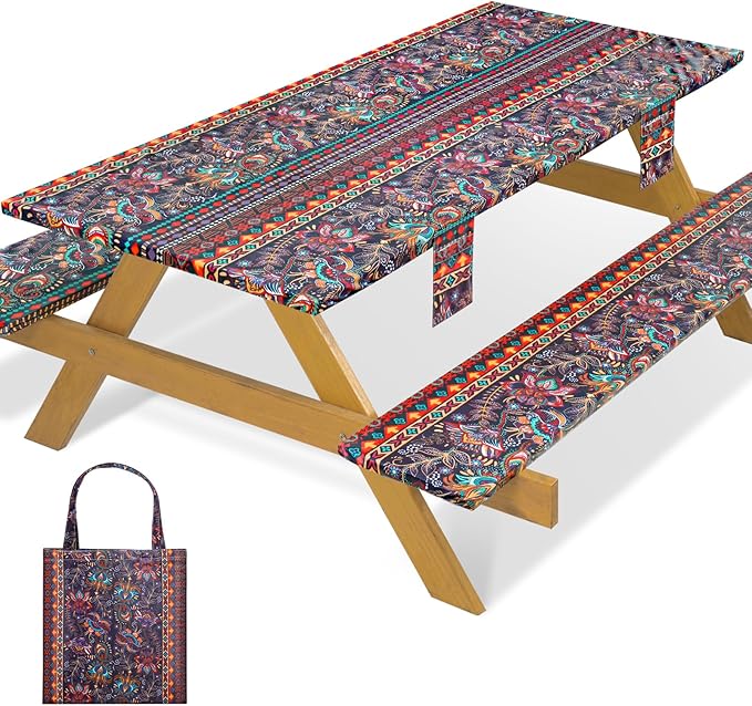 Fitted Waterproof Picnic Table Cover with Bench Covers Heavy Duty Elastic Outdoor Camping Tablecloth for 6 Foot Rectangle Tables Summer Rv Accessories Patio Garden Road Trip Essentials Gifts