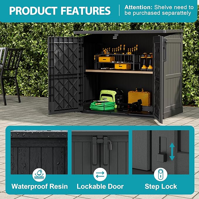 Waterproof Outdoor Storage Box 36 Cu Ft with Lockable Doors, Portable Outdoor Storage Shed -Easy to Assemble,Sheds & Outdoor Storage for Backyards,Black