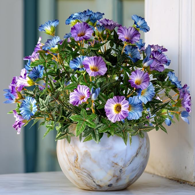Blue Purple Artificial Morning Glory Flowers for Outdoor Planters, Premium UV Resistant Silk Faux Flowers for Porch, Hanging Basket & Window Box, Cottage Garden Decor, No Pot, 13.3 Inch, 4 Bundles