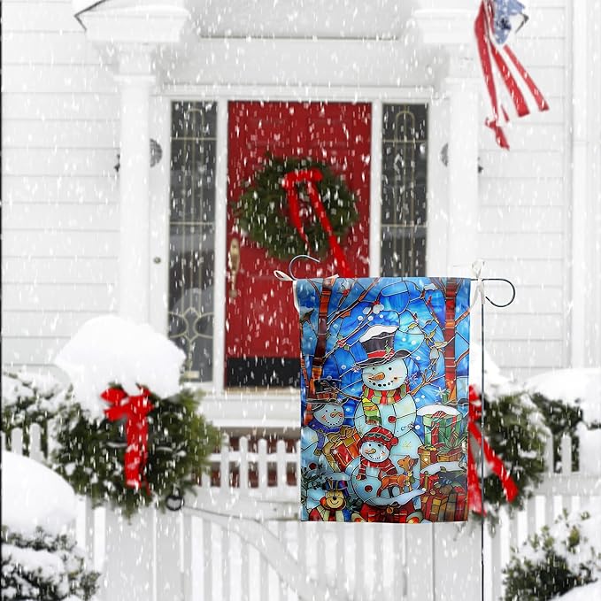Stained Glass Snowman House Flags 28 x 40 Double Sided Merry Christmas Garden Flag Hello Winter Yard Flag Happy Holidays Flag for Outside Welcome New Year Outdoor Flag Large