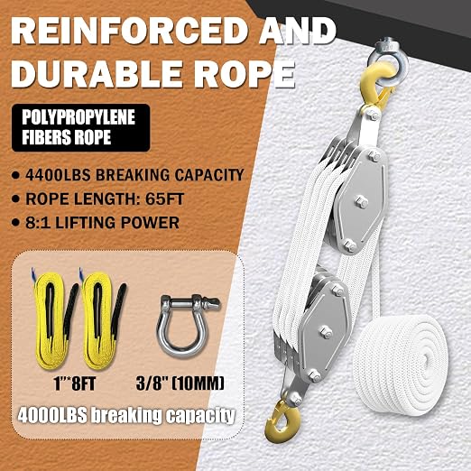 YATOINTO Rope Pulley Hoist 4400 LB, Pulley Block with 3/8" Shackle and 2PCS Lift Sling, 8:1 Lifting Power Block and Tackle Pulley System, 65ft Heavy Duty Rope Hoist for Garage Warehouse Constructions