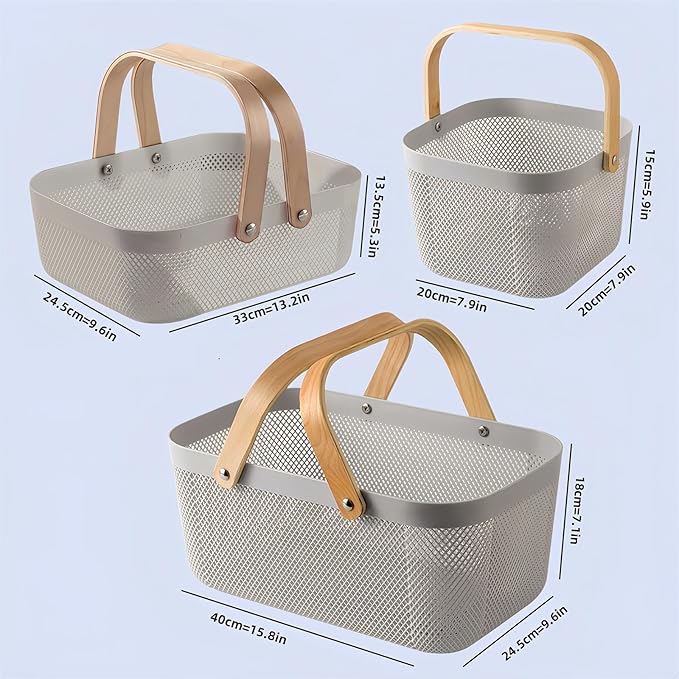 3pcs Collapsible Wooden Handle Plastic Harvest Basket - Rectangular Garden Storage Basket for Picking and Collecting Vegetables, Fruits - Ideal for Garden Cabinets & Outdoor Use (Gray)