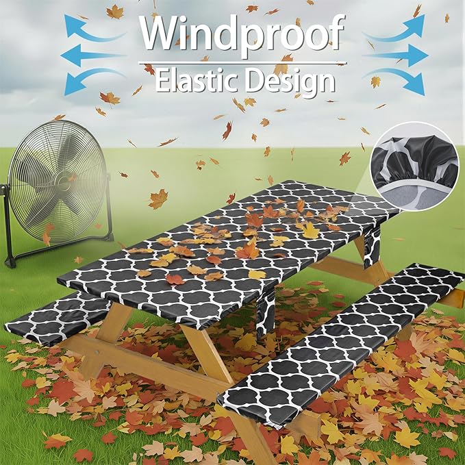 Fitted Picnic Table Cover with Chair Covers Elastic Water Resistant Camping Tablecloth for 8 Foot Rectangle Tables Garden Patio Outdoor Organization Road Trip Hiking Motorhome Essential Gift